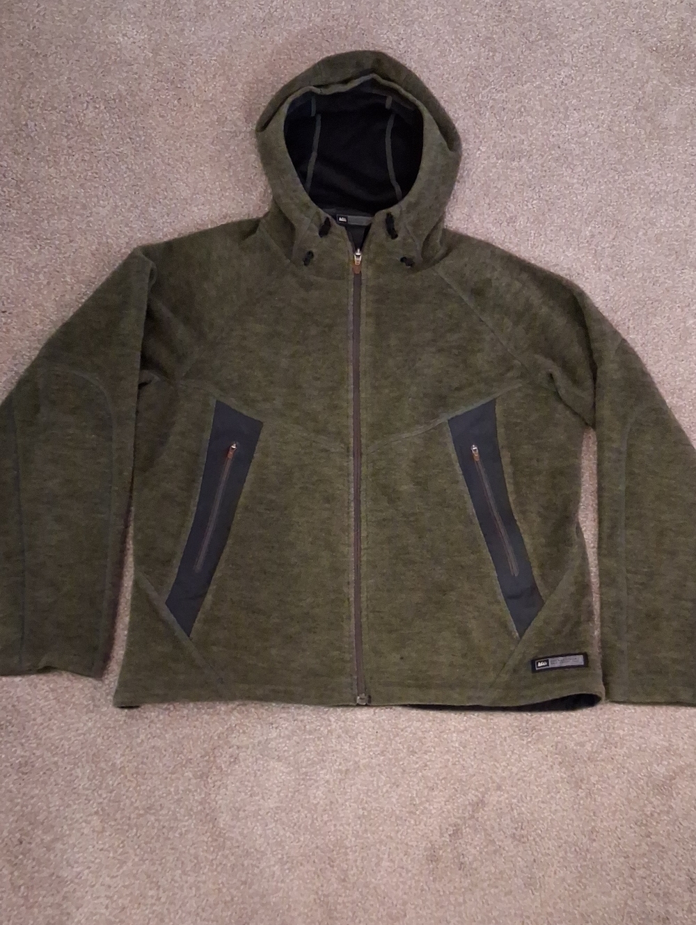 REI Women's Wool Blend Olive Green-Black Trim Adjustable Hood Zip Jacket.